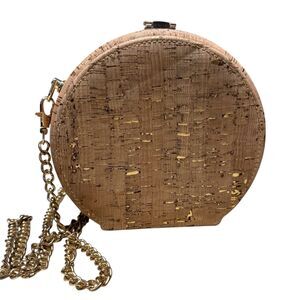 Gold Flecks Faux Cork Chain Crossbody Bag Coastal Boho Detach Strap Round Purse